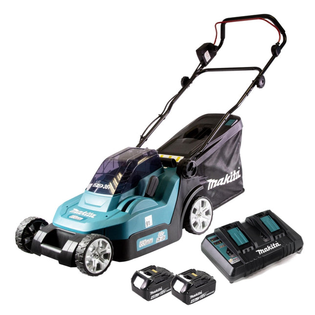 Makita DLM 382 PM2 cordless lawn mower 36 V ( 2x 18 V ) 38 cm 40 l + 2x battery 4.0 Ah + double charger