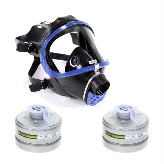 Dräger X-plore 6300 Atemschutzvollmaske aus Plexiglas ( R55800 ) EN 148-1 / EN 136 Klasse 2 + 2x Dräger X-plore Rd40 Atemschutzfilter A2B2E2K2 EN14387 ( 6738804 )