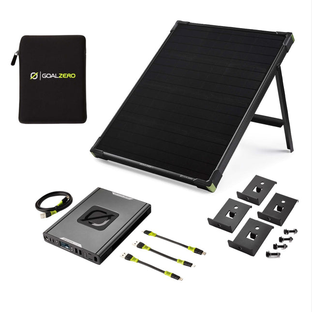 Goal Zero Sherpa 100 AC Power Bank USB C 14.8V 6.4Ah + Funda de Protección + Panel Solar Boulder 50 22V 50W 3.5A + Kit de Montaje Boulder