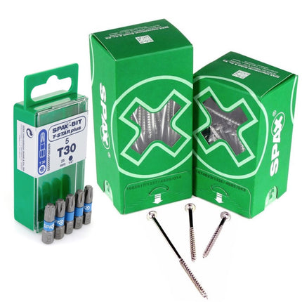 SPAX Set BIT T-STAR plus T30 - 6,4 x 25 mm, 5 Stk. ( 5000009182309 ) + HI.FORCE Tellerkopfschraube 6,0 x 100 mm 100 Stk. ( 0251010601005 )