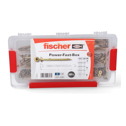 Fischer Power-Fast Box 245 piezas 3,5 - 5 mm (667005) cabeza avellanada con doble rosca Torx, galvanizado, pasivado amarillo