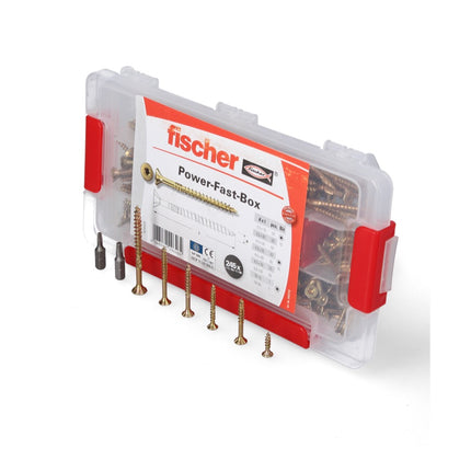 Fischer Power-Fast Box 245 piezas 3,5 - 5 mm (667005) cabeza avellanada con doble rosca Torx, galvanizado, pasivado amarillo