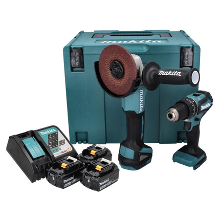 Makita DLX 2334 J Akku Kombo Kit 18 V mit DHP 485 50 Nm Brushless + DGA 504 125 mm Brushless + 3x Akku 3,0 Ah + Ladegerät + Makpac