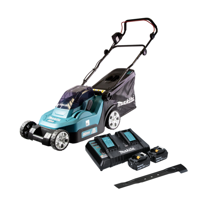 Makita DLM 382 PT2 cortacésped sin cable 36 V ( 2x 18 V ) 38 cm 40 l + 2x batería 5.0 Ah + cargador doble + cuchilla de hoz