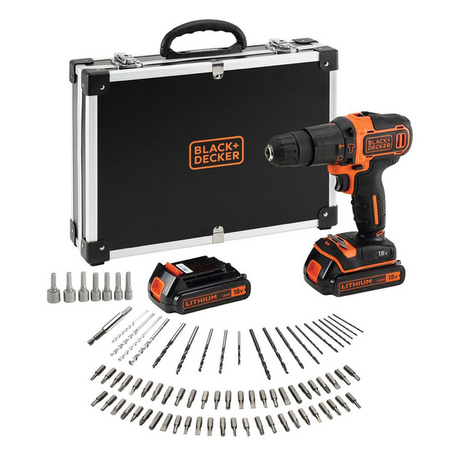 Taladro percutor inalámbrico Black &amp; Decker BDCHD18BAFC 18 V 40 Nm + 2x baterías 1,5 Ah + cargador + set de accesorios 80 piezas + estuche