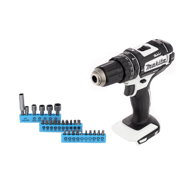 Makita DHP 482 ZW Perceuse-visseuse à percussion sans fil 18 V 62 Nm + Jeu d'embouts de 26 pièces - sans batterie, sans chargeur