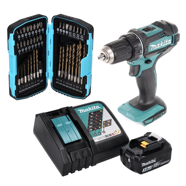 Makita DDF 482 RF1 Cordless Drill Driver 62Nm 18V + 1x Battery 3.0Ah + Charger + Drill Set - 40 pcs.