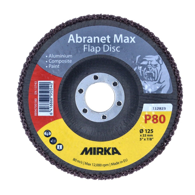 Mirka Abranet Max Flap disc T29 Set 125 mm 22 mm ALOX 80 20 Stück ( 20x 8896700180 ) Fächerscheibe für Aluminium, Verbundstoffe, Lack