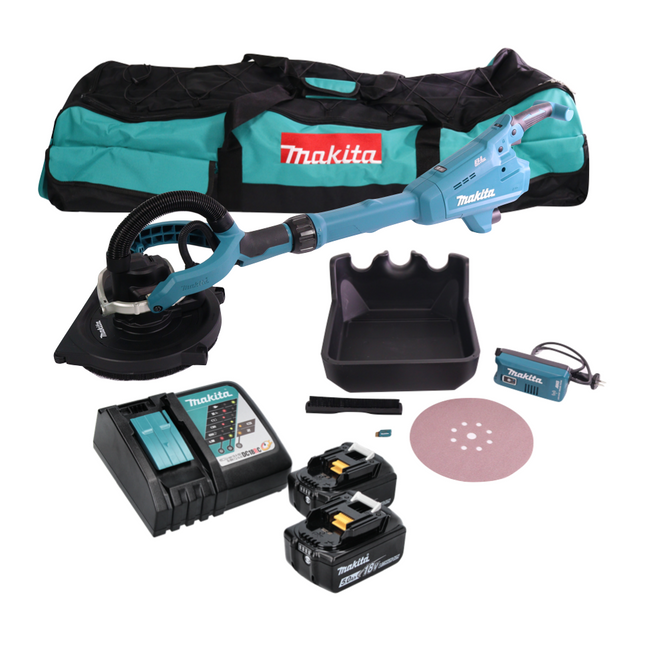 Makita DSL 800 RTX Akku Langhalsschleifer 18 V 225 mm Brushless + 2x Akku 5,0 Ah + Ladegerät + Zubehör + Tasche