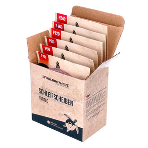 Toolbrothers TURTLE Schleifset 125mm Klett 8 Loch je 10x P40 / P60 / P80 / P120 / P180 / P240 für Hartholz, Weichholz, Lack, Stein, Stahl, Aluminium, Furnier