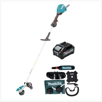 Desbrozadora de batería Makita UR 003 GM101 40 V sin escobillas IPX4 + batería 4,0 Ah + correa para el hombro + cabezal de corte + cabezal de hilo + cuchillo para moscas + bolsa - sin cargador
