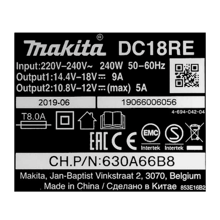Makita DC 18 RE Multi Fast Charger 10.8 - 12 V / 14.4 - 18 V (198720-9) for Li-Ion Battery