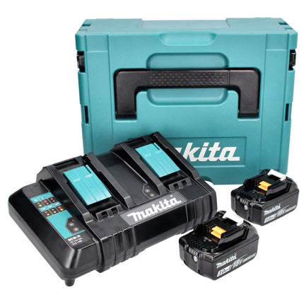 Kit di alimentazione Makita 18 V con 2x batteria BL 1830 B 3,0 Ah ( 197599-5 ) + caricabatterie doppio DC 18 SH ( 199687-4 ) + Makpac