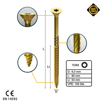 FORTE Tools Tornillo universal para madera 6,0 x 90 mm T30 100 piezas (000051399497) rosca parcial Torx cabeza avellanada galvanizada amarilla