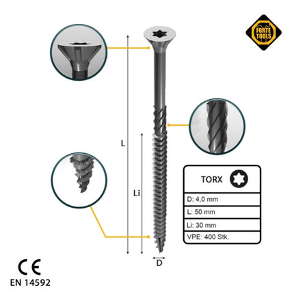FORTE Tools Tornillo universal para madera 4,0 x 50 mm T20 400 piezas (2x 000040113870) galvanizado en plata Torx cabeza avellanada rosca parcial