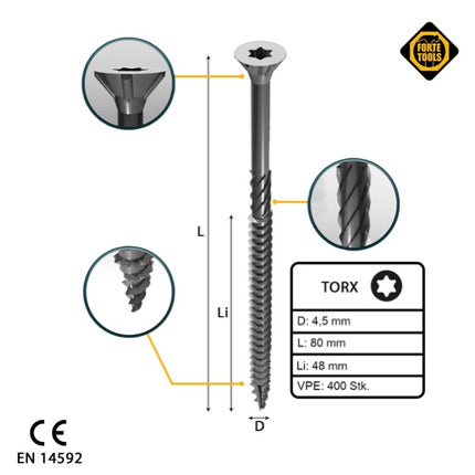 FORTE Tools tornillo universal para madera 4,5 x 80 mm T20 400 piezas (2x 000040113877) galvanizado en plata Torx cabeza avellanada rosca parcial