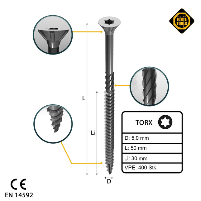 FORTE Tools Tornillo universal para madera 5,0 x 50 mm T25 400 piezas (2x 000040113881) galvanizado en plata Torx cabeza avellanada rosca parcial