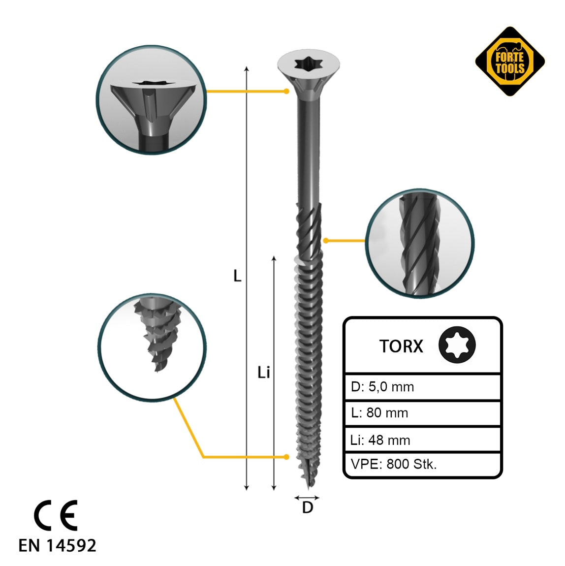 FORTE Tools Tornillo universal para madera 5,0 x 80 mm T25 800 piezas (4x 000040113884) galvanizado en plata Torx cabeza avellanada rosca parcial