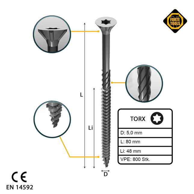 FORTE Tools Tornillo universal para madera 5,0 x 80 mm T25 800 piezas (4x 000040113884) galvanizado en plata Torx cabeza avellanada rosca parcial