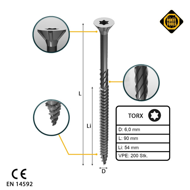 FORTE Tools Tornillo universal para madera 6,0 x 90 mm T30 200 piezas (2x 000040113892) galvanizado en plata Torx cabeza avellanada rosca parcial