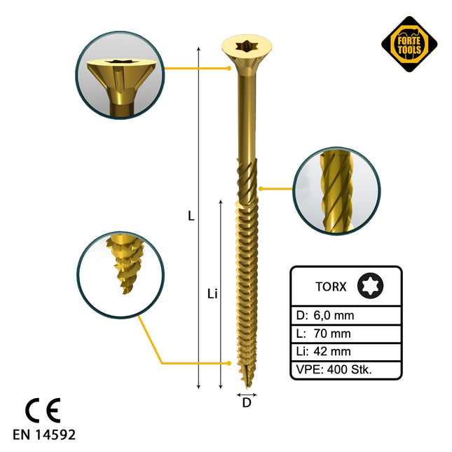 FORTE Tools Tornillo universal para madera 6,0 x 70 mm T30 400 piezas (4x 000051399495) rosca parcial Torx cabeza avellanada galvanizada amarilla