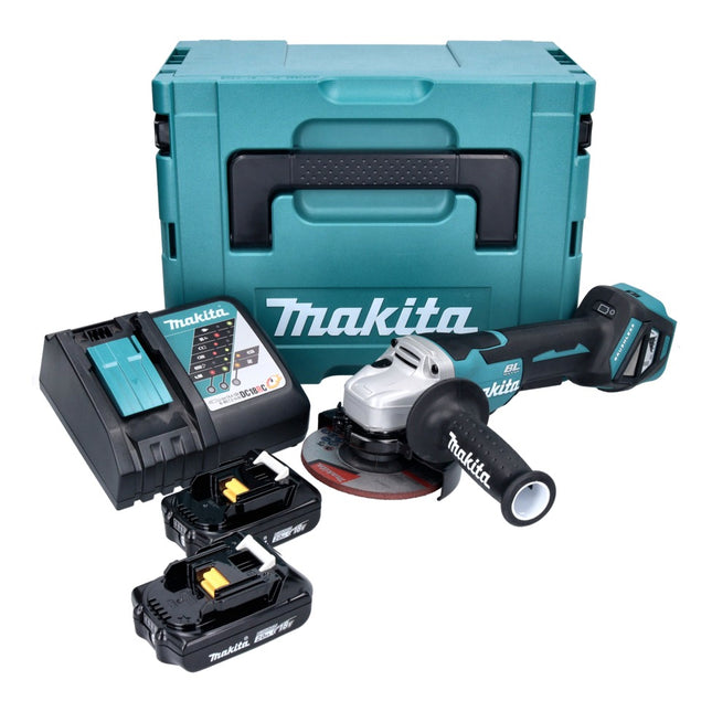 Amoladora angular a batería Makita DGA 515 RAJ 18 V 125 mm sin escobillas + 2x baterías 2,0 Ah + cargador + Makpac