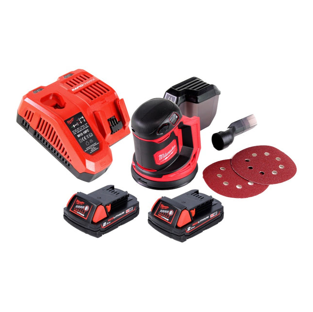 Milwaukee M18 BOS125-201 FC Random Orbital Battery Sander 125mm 18V + 2x Batteries 2.0Ah + Charger