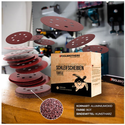 Toolbrothers TURTLE Schleifset 2 Packungen 120x Schleifscheiben 125mm Klett 8 Loch je 20x P40 / P60 / P80 / P120 / P180 / 240 für Hartholz, Weichholz, Lack, Stein, Stahl, Aluminium, Furnier - Toolbrothers