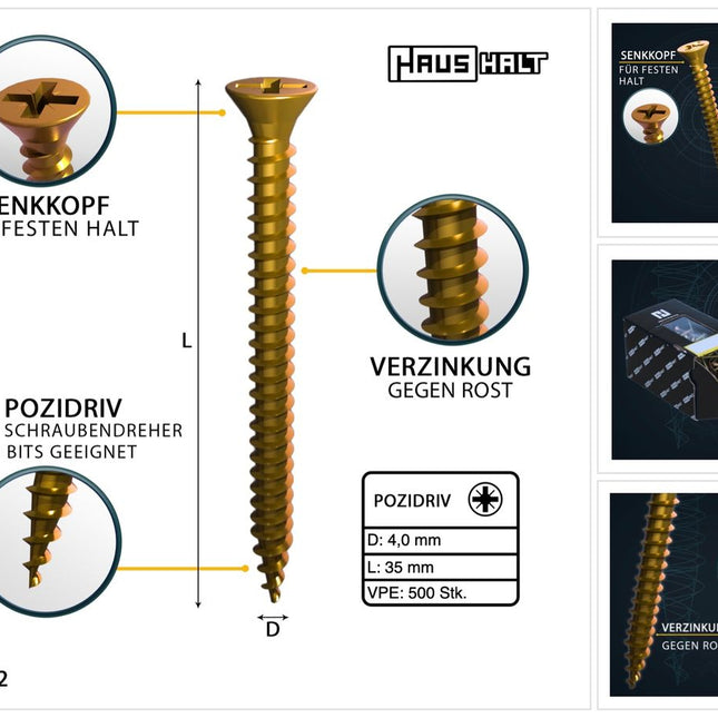 HausHalt Tornillo universal para construcción de madera tornillo para madera 4,0 x 35 mm PZ2 500 piezas (000051371145) amarillo galvanizado ranura transversal Pozidriv cabeza avellanada rosca completa