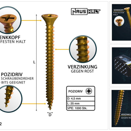 HausHalt Universal Holzbauschraube Holzschraube 4,5 x 25 mm PZ2 1000 Stk. ( 2x 000051371161 ) gelb verzinkt Kreuzschlitz Pozidriv Senkkopf Vollgewinde - Toolbrothers