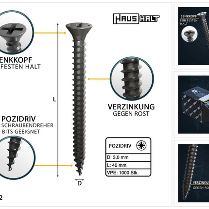 HausHalt Universal Holzbauschraube Holzschraube 3,0 x 40 mm PZ1 1000 Stk. ( 2x 000051371100 ) silber verzinkt Kreuzschlitz Pozidriv Senkkopf Vollgewinde - Toolbrothers