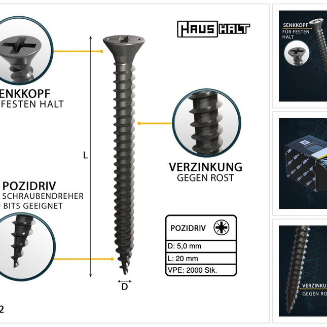 HausHalt Universal Holzbauschraube Holzschraube 5,0 x 20 mm PZ2 2000 Stk. ( 4x 000051371187 ) silber verzinkt Kreuzschlitz Pozidriv Senkkopf Vollgewinde - Toolbrothers
