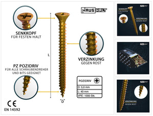 HausHalt Universal Holzbauschraube Holzschraube 5,0 x 40 mm PZ2 1000 Stk. ( 2x 000051371192 ) gelb verzinkt Kreuzschlitz Pozidriv Senkkopf Vollgewinde