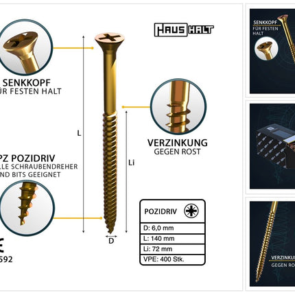 HausHalt Universal Holzbauschraube Holzschraube 6,0 x 140 mm PZ3 400 Stk. ( 4x 000051371217 ) gelb verzinkt Kreuzschlitz Pozidriv Senkkopf Teilgewinde - Toolbrothers