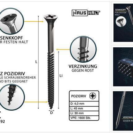 HausHalt Universal Holzbauschraube Holzschraube 4,0 x 45 mm PZ2 1600 Stk. ( 4x 000051371117 ) silber verzinkt Kreuzschlitz Pozidriv Senkkopf Teilgewinde - Toolbrothers