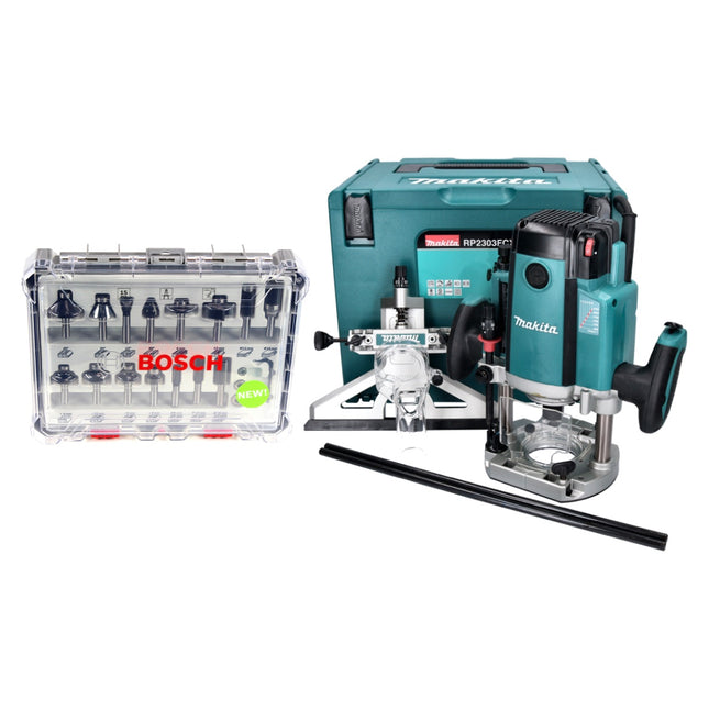 Makita RP 2303 FCXJ Défonceuse 2100 watt 70 mm stroke + stop + 15 pcs. tool set jeu de fraises + Makpac