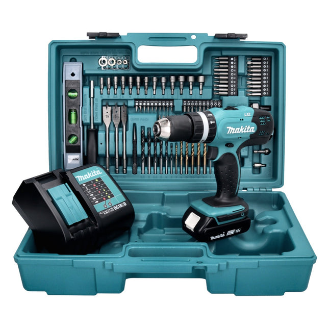 Makita DHP 453 SAX5 Akku Schlagbohrschrauber 18 V 42 Nm + 1x Akku 2,0 Ah + Ladegerät + 101 tlg. Zubehör Set + Koffer
