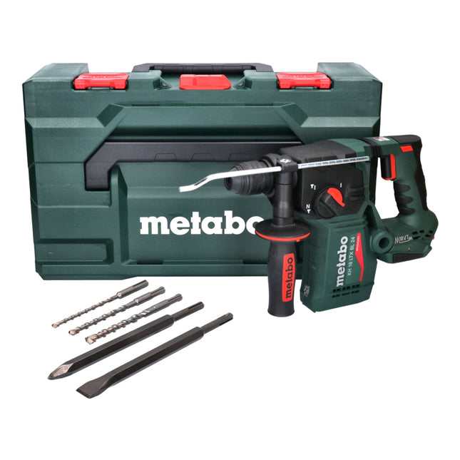 Martillo perforador a batería Metabo KH 18 LTX BL 24 18 V 2,2 J SDS Plus sin escobillas + juego de cinceles y brocas de 5 piezas + metaBOX - sin batería, sin cargador
