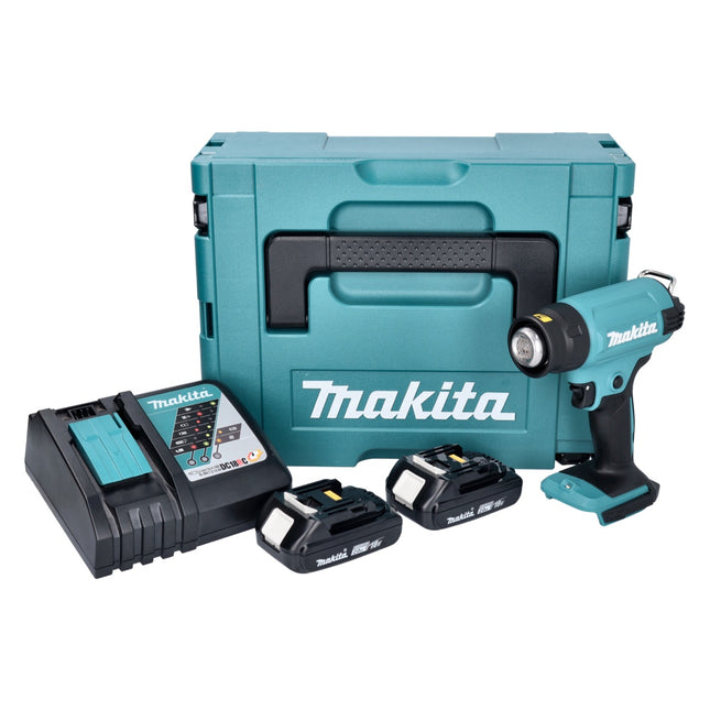 Makita DHG 180 RAJ cordless hot air gun 18 V 550 °C + 2x rechargeable battery 2.0 Ah + charger + Makpac