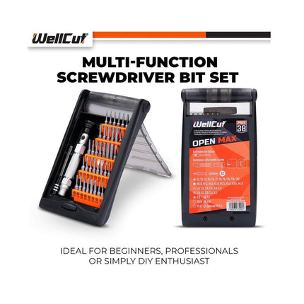 WellCut Präzisions-Mehrzweck-Schraubendreher-Bit-Set mit 60 mm Verlängerungsstange, 94 mm Aluminiumgriff, 38-teilig ( ‎WC-MPS38U )