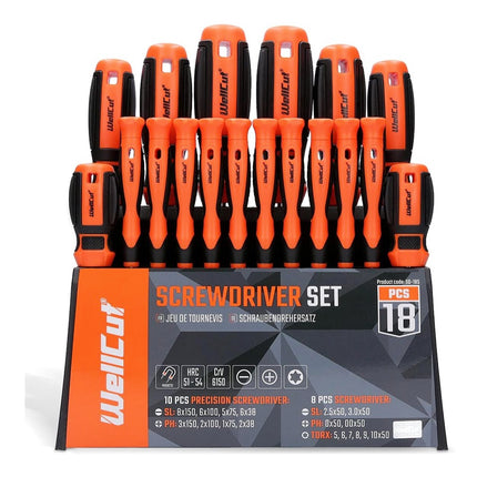 WellCut 18-teiliges Schraubendreher-Set, frei drehende Präzisions-Schraubendreher, magnetisch, aus gehärtetem Cr-V-Werkzeugstahl ( ‎WC-SD18S )