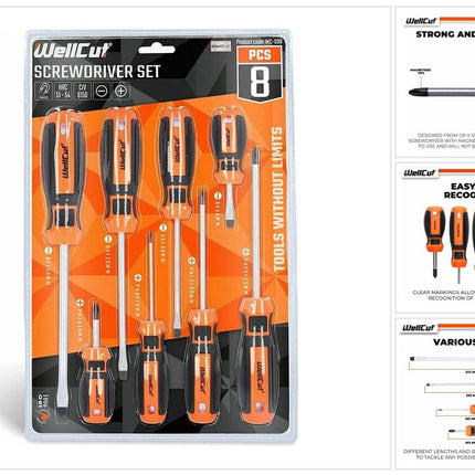 Jeu de tournevis magnétiques WellCut, 8 pièces, embouts cruciformes et à fente, acier au chrome-vanadium, avec poignées souples Soft-Grip ( WC-SD8 )