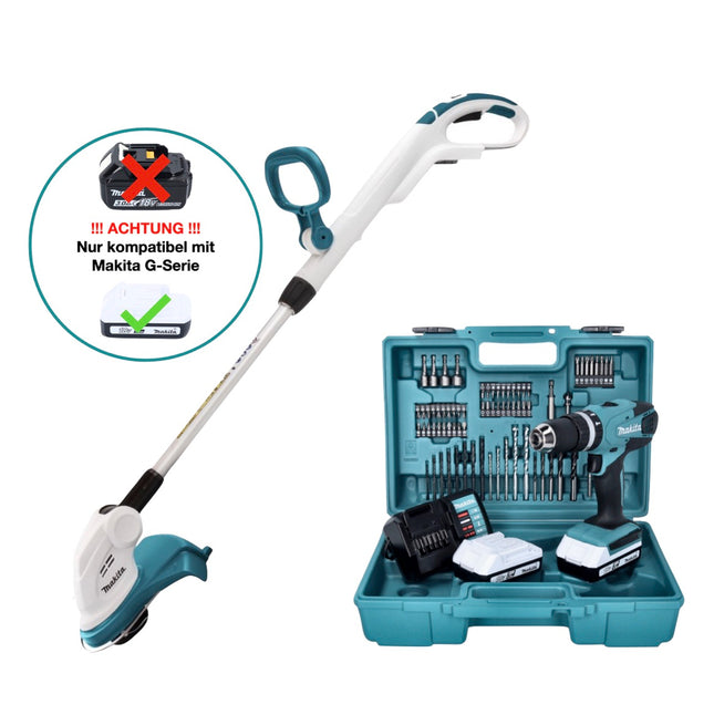 Makita UR180DZ Coupe-herbe sans fil 260 mm 18V G-Serie + HP457DWE10 Perceuse-visseuse à percussion sans fil 42 Nm 18V + 2x Batteries 1,5 Ah + Chargeur + Set de forets et embouts 74 pcs.