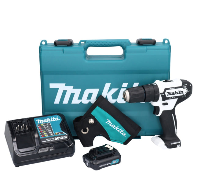 Makita HP 333 DSAW cordless impact drill 12 V 30 Nm white + 1x battery 2.0 Ah + charger + holster + case
