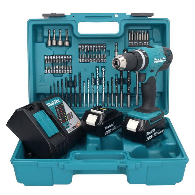 Makita DHP 453 RGX1 Perceuse-visseuse à percussion sans fil 18 V 42 Nm + 2x Batteries 6,0 Ah + Chargeur + kit d'accessoires - 74 pièces + Coffret