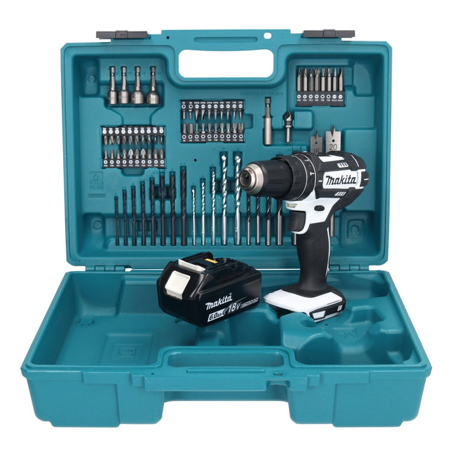 Taladro percutor inalámbrico Makita DHP 482 G1X1W 18 V 62 Nm + 1x batería 6,0 Ah + set de accesorios 74 piezas + maletín - sin cargador