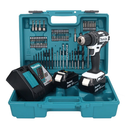 Makita DHP 482 RGX1W Perceuse-visseuse à percussion sans fil 18 V 62 Nm + 2x Batteries 6,0 Ah + Chargeur + kit d'accessoires - 74 pièces + Coffret