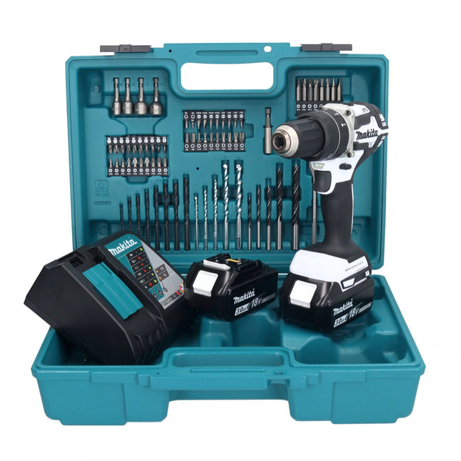 Makita DHP 484 RFX1W taladro percutor inalámbrico 18 V 54 Nm sin escobillas blanco + 2x baterías 3,0 Ah + cargador + set de accesorios 74 piezas + estuche