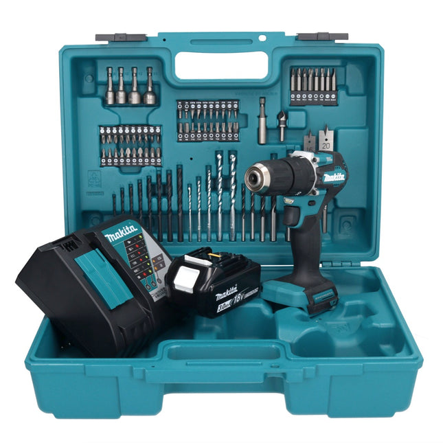 Taladro percutor inalámbrico Makita DHP 487 RF1X1 18 V 40 Nm sin escobillas + 1x batería 3,0 Ah + cargador + set de accesorios 74 piezas + estuche