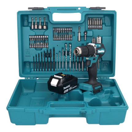 Makita DHP 487 T1X1 18 V Perceuse-visseuse à percussion sans fil 40 Nm brushless + 1x Batterie 5,0 Ah + kit d'accessoires - 74 pièces + Mallette - sans chargeur